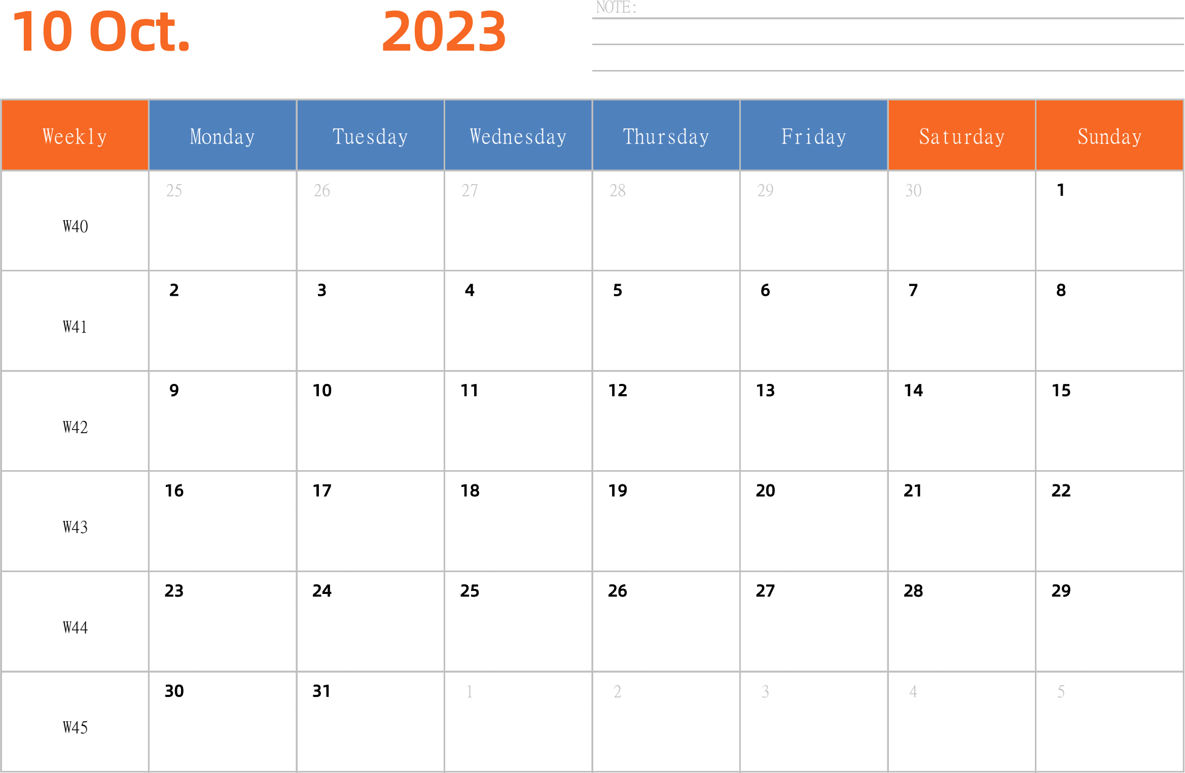 日历表2023年日历 英文版 横向排版 周一开始 带周数